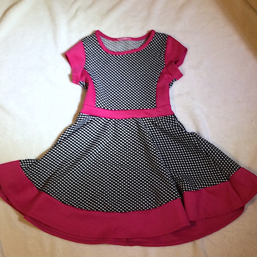 Girls Black and White Polka Dot with Hot Pink Trim Dress